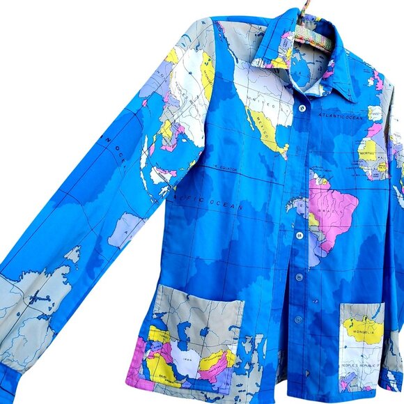 Vintage Womens Blue Shirt 80s Collared Button Front World Map Size M Polyester - Picture 6 of 12